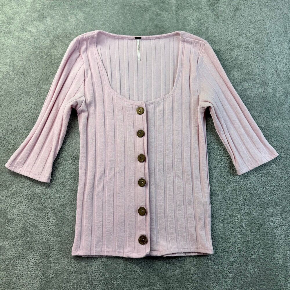 Free People Top Women's Medium Pink 3/4 Sleeve Sweater Knit Sweater Button Up